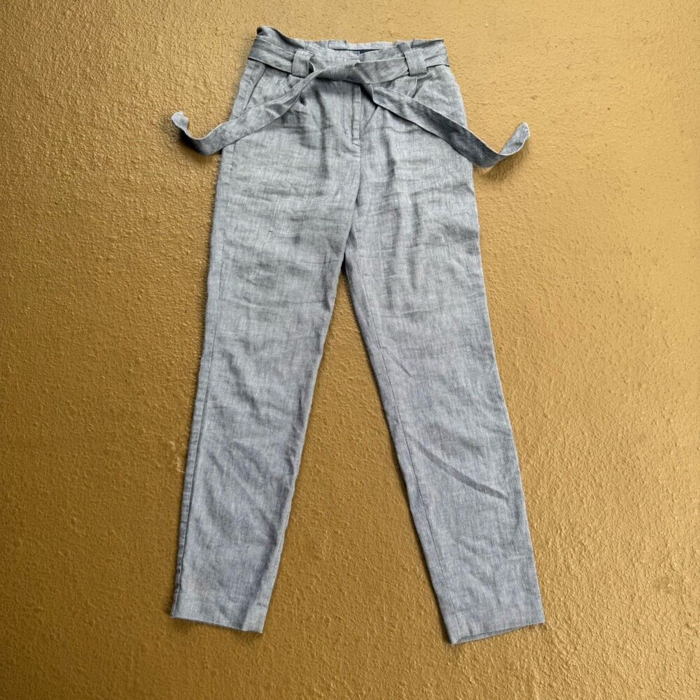 EXPRESS Linen Blend Ankle High Rise Paperbag Waist Pant Sz 0L Blue Career
